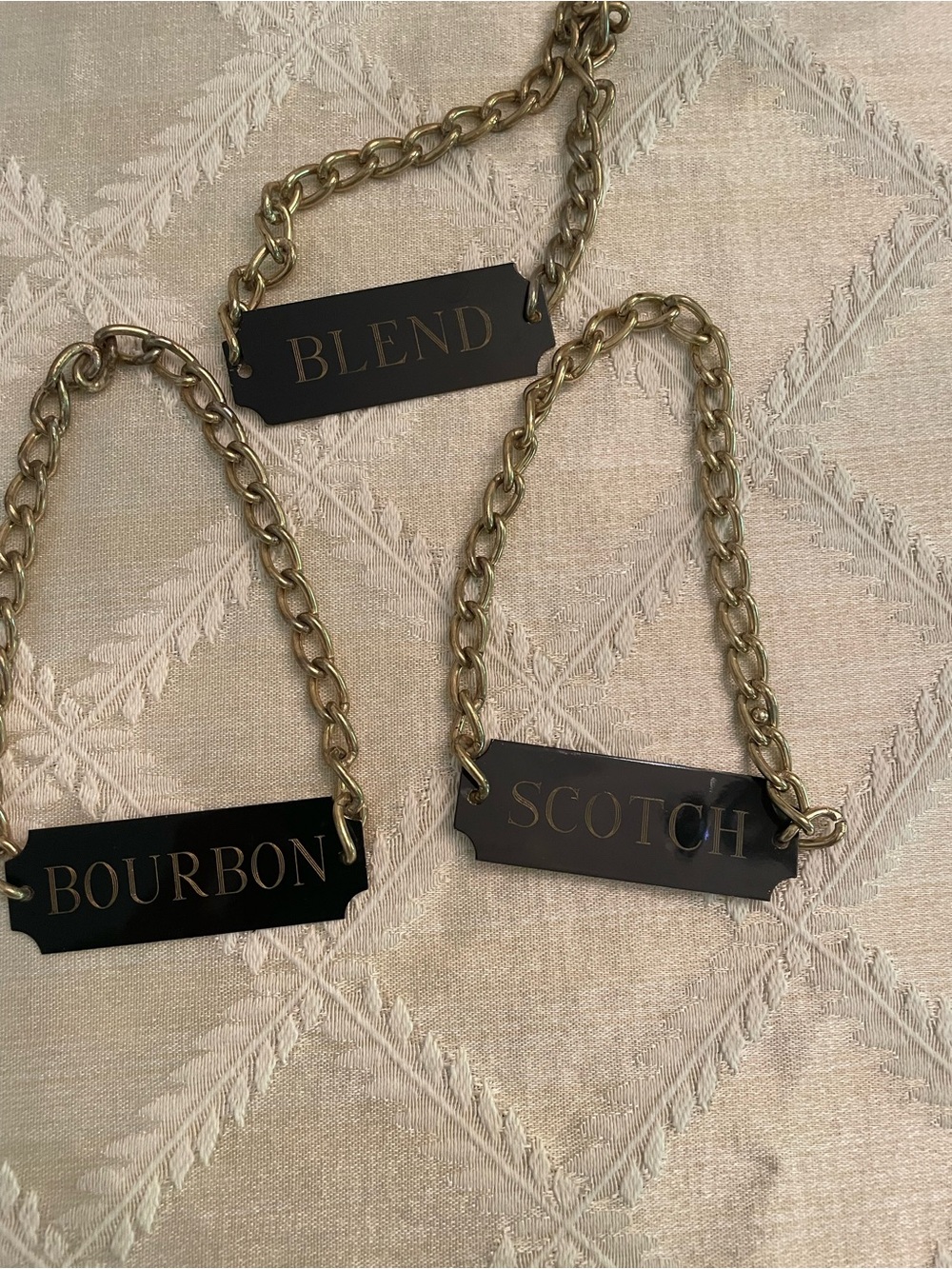 Set of Three Black Bottle Tags with Gold Chains